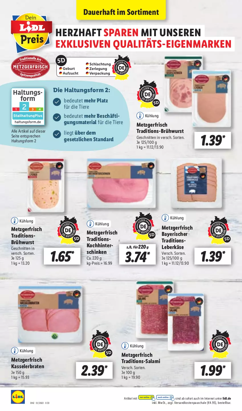 Aktueller Prospekt Lidl - Aktionsprospekt - von 19.12 bis 24.12.2022 - strona 60 - produkty: auer, braten, Brühwurst, eis, hinterschinken, Käse, kasseler, Kasselerbraten, leberkäs, leberkäse, ndk, reis, Ria, salami, Schal, Schale, schinken, schnitten, Ti, Tiere, wurst