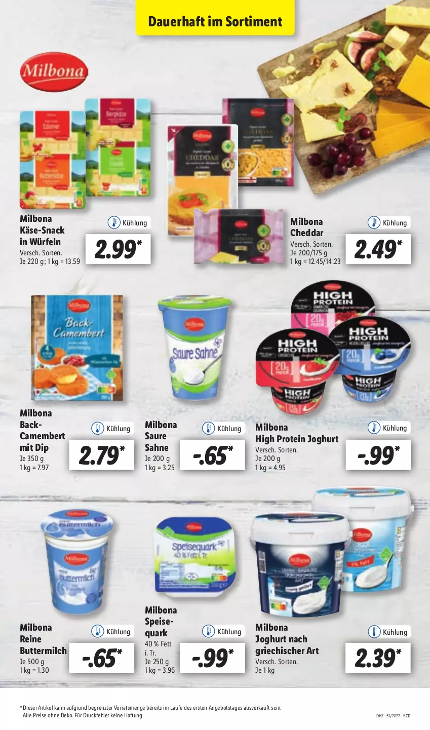 Aktueller Prospekt Lidl - Aktionsprospekt - von 19.12 bis 24.12.2022 - strona 61 - produkty: angebot, auer, Bona, butter, buttermilch, camembert, cheddar, dip, eis, joghur, joghurt, joghurt nach, Käse, Milbona, milch, quark, reine buttermilch, reis, sahne, snack, speisequark, Ti, würfel, ZTE