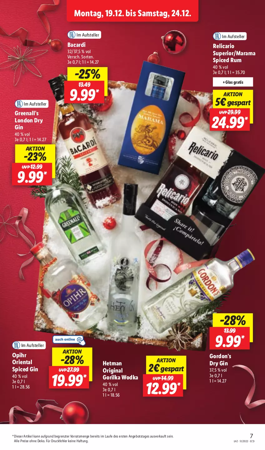 Aktueller Prospekt Lidl - Aktionsprospekt - von 19.12 bis 24.12.2022 - strona 7 - produkty: angebot, bacardi, dry gin, eis, elle, gin, gordon, Gordon’s, london dry, london dry gin, rama, reis, rel, rum, teller, Ti, wodka, ZTE