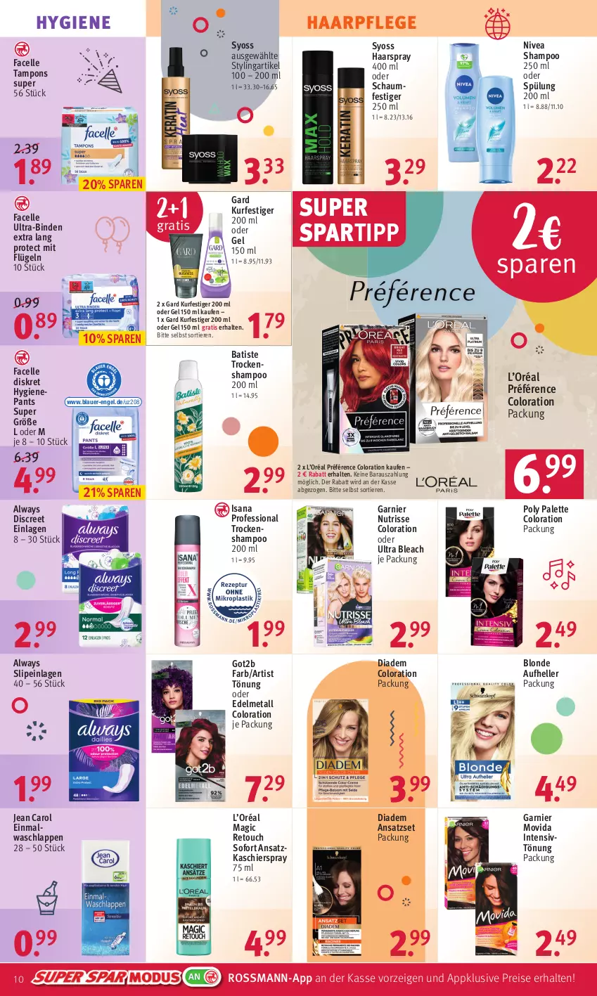 Aktueller Prospekt Rossmann - Prospekte - von 30.05 bis 03.06.2022 - strona 10 - produkty: Alwa, Always, auer, binden, diadem, Discreet, Einmalwaschlappen, eis, elle, Engel, Facelle, garnier, got2b, haarpflege, haarspray, Intensivtönung, isana, Jean Carol, nivea, Nutrisse, oder schaumfestiger, Palette, Pants, reis, sana, schaumfestiger, shampoo, shampoo 250 ml, slip, slipeinlagen, spartipp, spülung, spülung 200 ml, syoss, Tampon, tampons, Ti, Tiere, Trockenshampoo, Ultra-Binden, waschlappen, Yo