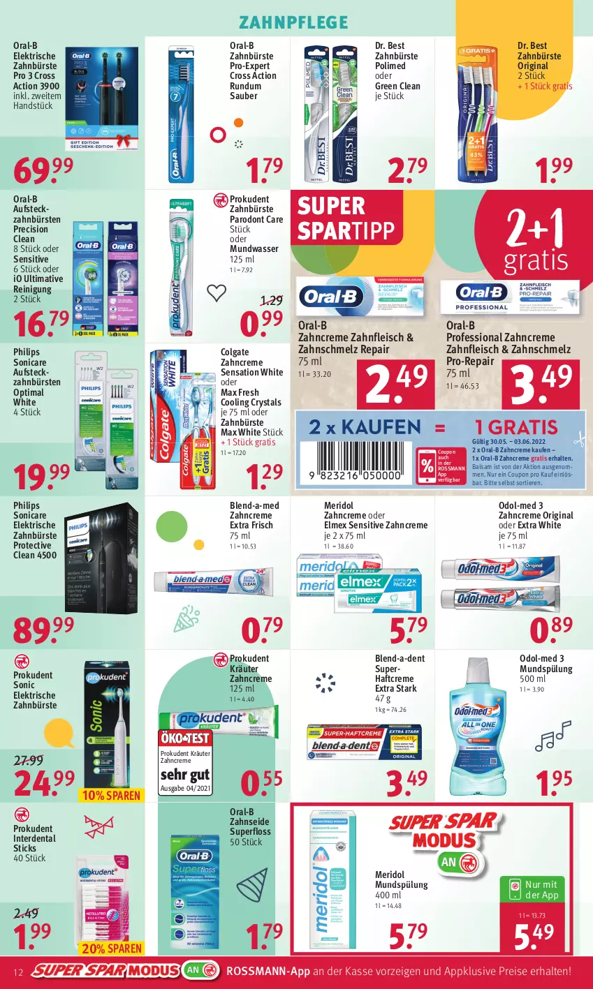 Aktueller Prospekt Rossmann - Prospekte - von 30.05 bis 03.06.2022 - strona 12 - produkty: balsam, blend-a-med, bürste, bürsten, colgate, coupon, creme, cross action, Dr. Best, eis, elektrische zahnbürste, elmex, erde, fleisch, gin, Haftcreme, kräuter, LG, Max Fresh, Max White, meridol, mundspülung, mundwasser, Odol, Odol-med 3, oral-b, Philips, precision clean, pro-repair, Prokudent, Reinigung, reis, sonicare, spartipp, spülung, Ti, Tiere, wasser, zahnbürste, zahnbürsten, zahncreme, Zahnseide