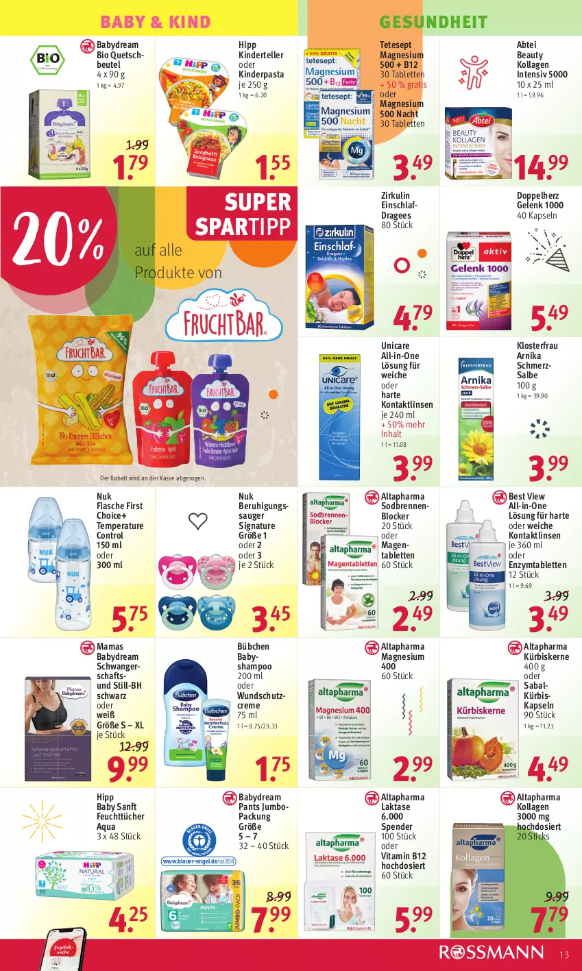 Aktueller Prospekt Rossmann - Prospekte - von 30.05 bis 03.06.2022 - strona 13 - produkty: Abtei, Altapharma, aqua, auer, babydream, Beruhigungssauger, beutel, bio, bübchen, creme, doppelherz, Einschlafdragees, elle, Engel, feuchttücher, flasche, Gesundheit, hipp, jumbo, Kinder, Kollagen, Kürbis, kürbiskerne, linsen, magnesium, magnesium 400, mam, natur, nuk, Pants, pasta, quetschbeutel, Schutzcreme, shampoo, spartipp, tablet, tablett, Tablette, teller, Ti, tücher, vita, Vitamin B