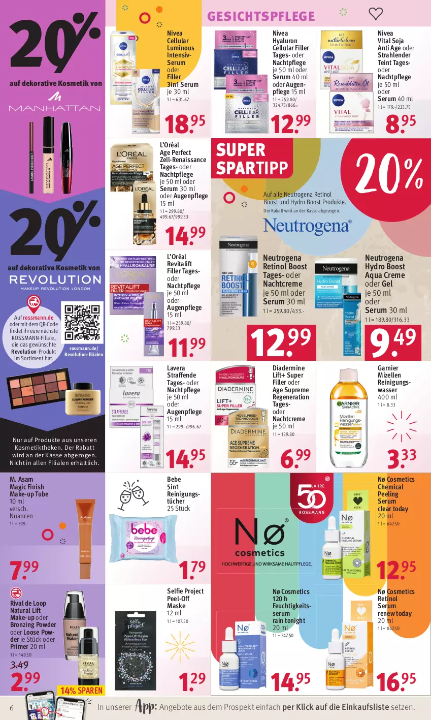 Aktueller Prospekt Rossmann - Prospekte - von 30.05 bis 03.06.2022 - strona 6 - produkty: angebot, angebote, aqua, Augenpflege, Bebe, cellular filler, creme, Diadermine, elle, Finish, garnier, gesichtspflege, gsw, hyaluron, kosmetik, lavera, Loose, Make-up, Maske, mizellen, Mizellen Reinigungswasser, nachtcreme, nachtpflege, natur, natura, neutrogena, nivea, Nuance, Peeling, Reinigung, reinigungstücher, Revital, revitalift, rum, Serum, soja, spartipp, Ti, tücher, vita, wasser