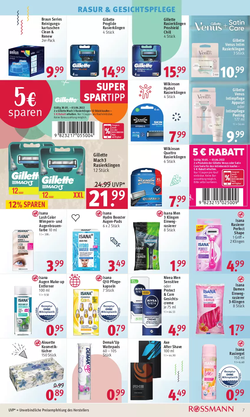 Aktueller Prospekt Rossmann - Prospekte - von 30.05 bis 03.06.2022 - strona 7 - produkty: after shave, alouette, axe, braun, coupon, creme, einwegrasierer, eis, elle, Gesichtscreme, gesichtspflege, gillette, gillette venus, isana, kosmetik, Kosmetiktücher, mac, mach3, Make-up, nivea, Nivea Men, Peeling, Q10, rasierer, rasiergel, Rasierklinge, rasierklingen, Reinigung, reis, sana, spartipp, teller, Ti, Tiere, tücher, venus, wattepads, wilkinson