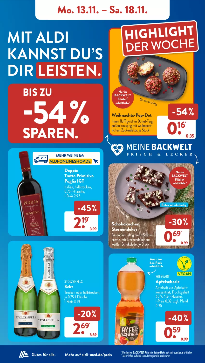 Aktueller Prospekt AldiSud - NÄCHSTE WOCHE - von 13.11 bis 18.11.2023 - strona 10 - produkty: aldi, apfel, apfelsaft, Apfelschorle, backwaren, creme, Donut, eis, erde, flasche, frucht, kuchen, primitivo, reis, saft, schoko, schokolade, schorle, sekt, Ti, wein, weine, zucker