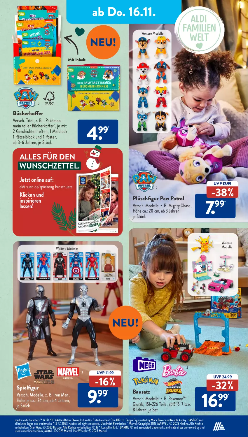 Aktueller Prospekt AldiSud - NÄCHSTE WOCHE - von 13.11 bis 18.11.2023 - strona 30 - produkty: aldi, Barbie, Bau, dell, elle, ente, Hasbro, Hefte, Hot Wheels, koffer, Malblock, Mattel, Mode, Paw Patrol, Peppa Pig, Plüsch, rel, spielzeug, Ti