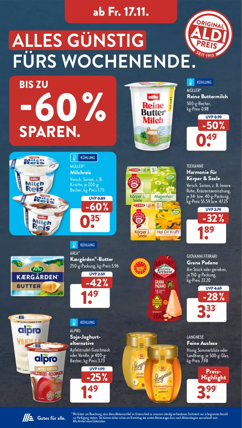 Aktueller Prospekt AldiSud - NÄCHSTE WOCHE - von 13.11 bis 18.11.2023 - strona 33 - produkty: alle artikel ohne dekoration, alpro, apfel, Apfelstrudel, arla, Becher, Blüte, butter, buttermilch, dekoration, eis, gin, grana, grana padano, honig, joghur, joghurt, Kærgården, kirsch, kirsche, kräuter, langnese, mac, milch, milchreis, Müller, padano, Rana, reine buttermilch, reis, soja, Strudel, tee, teekanne, Ti, vanille, ZTE