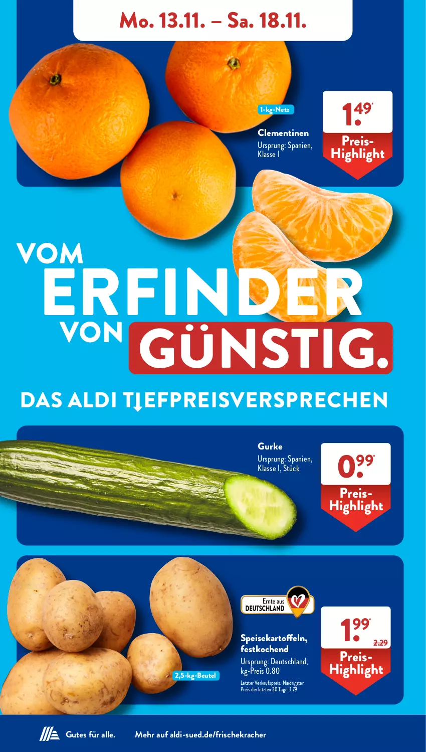 Aktueller Prospekt AldiSud - NÄCHSTE WOCHE - von 13.11 bis 18.11.2023 - strona 4 - produkty: aldi, beutel, clementinen, eis, gurke, kartoffel, kartoffeln, kracher, reis, speisekartoffeln, Ti, ZTE