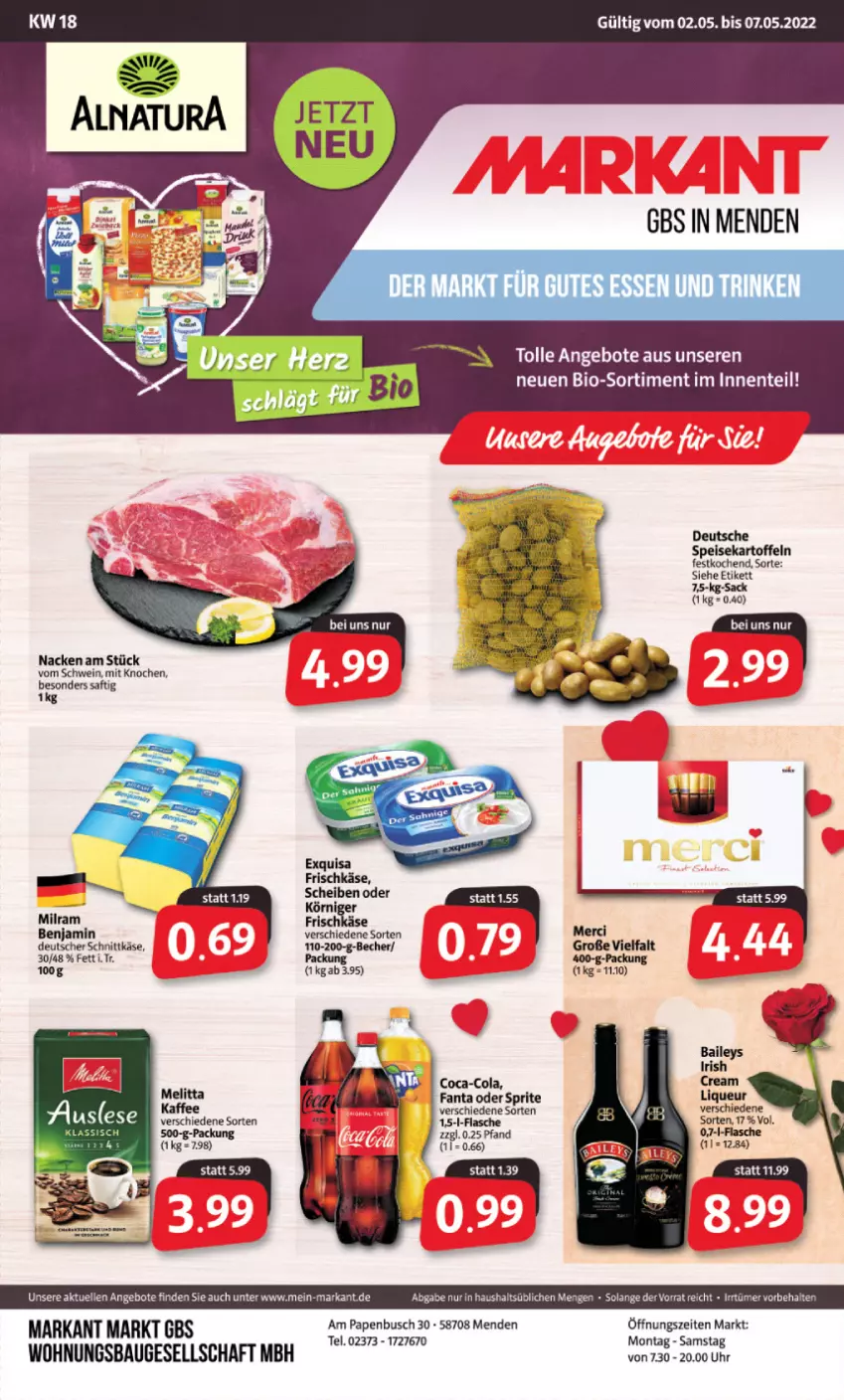 Aktueller Prospekt Markant - Prospekte - von 02.05 bis 07.05.2022 - strona 1 - produkty: angebot, angebote, Bau, Becher, bio, coca-cola, cola, deutscher schnittkäse, elle, ente, fanta, fanta oder, fanta oder sprite, flasche, gutes essen, kartoffel, Käse, melitta, merci, milram, natur, oder sprite, sac, saft, schnittkäse, schwein, sprite, Ti, uhr, wein