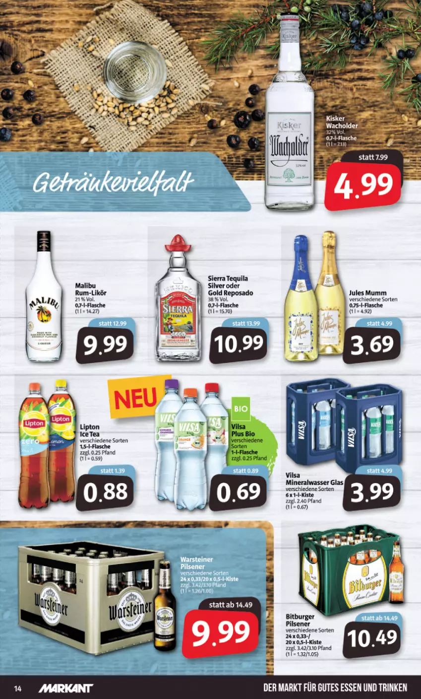 Aktueller Prospekt Markant - Prospekte - von 02.05 bis 07.05.2022 - strona 14 - produkty: Alwa, bio, bitburger, bitburger pils, burger, flasche, gutes essen, jules mumm, likör, lipton, Malibu, mineralwasser, mumm, pils, pilsener, rum, Sierra, sierra tequila, tequila, usb, vilsa, wasser