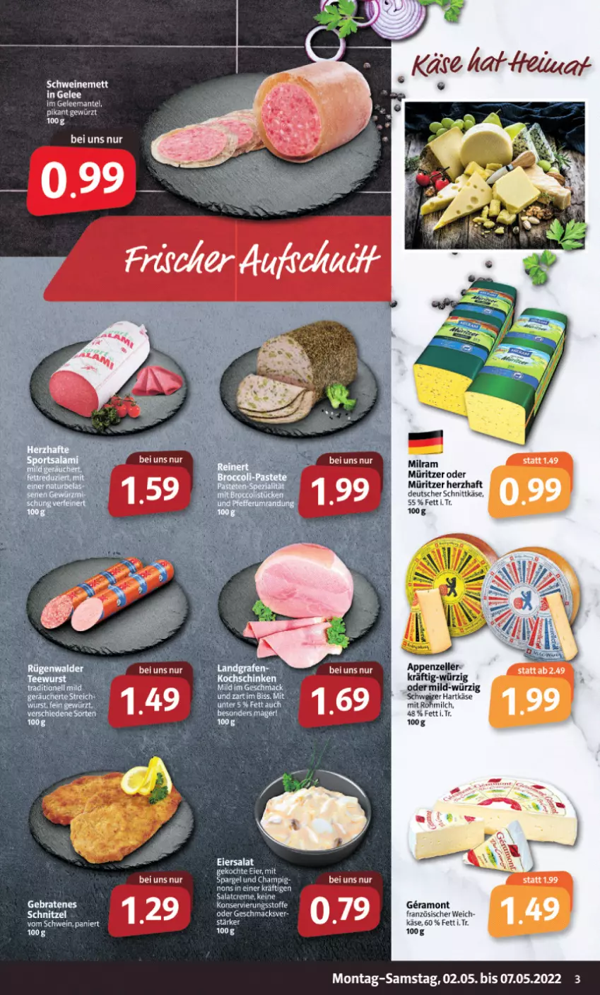 Aktueller Prospekt Markant - Prospekte - von 02.05 bis 07.05.2022 - strona 3 - produkty: appenzeller, creme, deutscher schnittkäse, elle, gelee, hartkäse, Käse, LG, mac, milch, milram, salat, salatcreme, schnittkäse, schnitzel, schweizer hartkäse, Ti