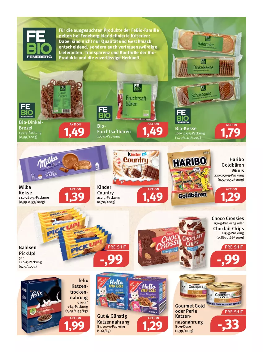 Aktueller Prospekt Feneberg - Prospekte - von 20.01 bis 22.01.2022 - strona 14 - produkty: bahlsen, bio, brezel, chips, choclait chips, choco crossies, crossies, eis, felix, frucht, fruchtsaft, goldbären, gourmet gold, haribo, katzennahrung, keks, kekse, Kinder, kinder country, mac, milka, Nassnahrung, reis, saft, Ti, Trockennahrung