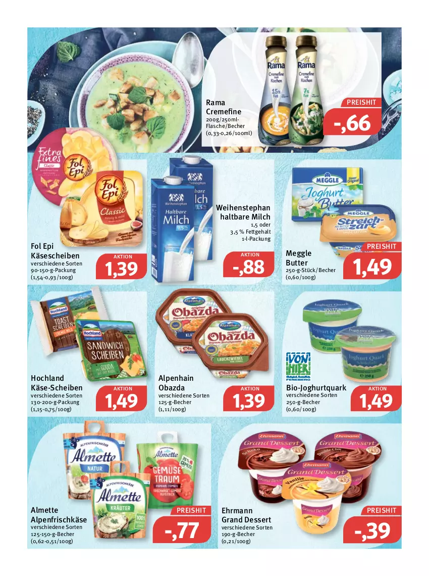 Aktueller Prospekt Feneberg - Prospekte - von 20.01 bis 22.01.2022 - strona 7 - produkty: almette, alpenfrischkäse, Alpenhain, Becher, bio, bio-joghurt, butter, creme, dessert, ehrmann, Ehrmann Grand Dessert, eis, flasche, fol epi, frischkäse, haltbare milch, hochland, joghur, joghurt, Käse, käsescheiben, meggle, Mett, milch, obazda, quark, rama, rama cremefine, reis, Ti, weihenstephan