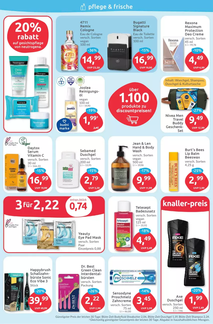 Aktueller Prospekt Budni - Prospekte - von 20.03 bis 25.03.2023 - strona 2 - produkty: axe, Bad, Blüte, body, bugatti, bürste, bürsten, butter, creme, deo, discount, Dr. Best, duschgel, eau de toilette, eis, erde, gesichtspflege, lack, neutrogena, nivea, Nivea Men, Reinigung, reis, rexona, rum, Schal, sebamed, sensodyne, Serum, shampoo, Sheabutter, Signal, Tasche, Ti, vita, Vitamin C, waschgel, zahncreme, ZTE