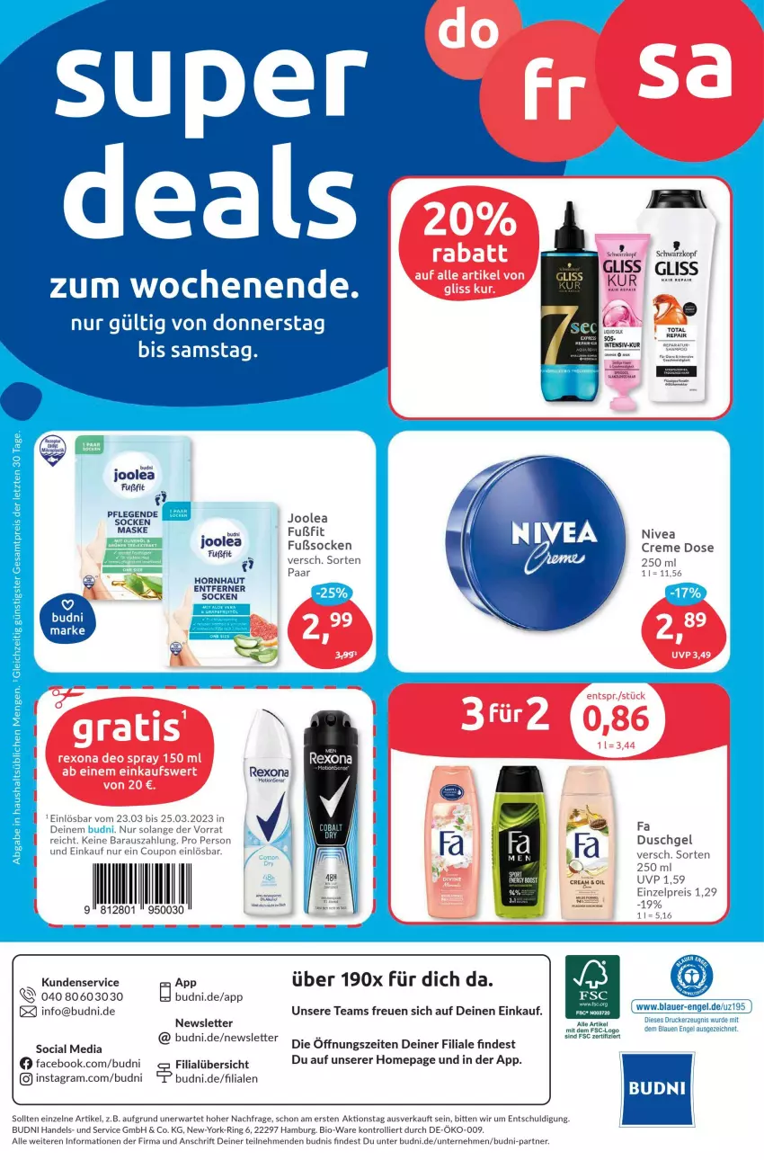 Aktueller Prospekt Budni - Prospekte - von 20.03 bis 25.03.2023 - strona 8 - produkty: auer, bio, coupon, creme, deo, deo spray, drucker, duschgel, eis, Engel, kerze, Maske, nivea, Omep, reis, rexona, ring, socken, Sport, Ti, trolli, Yo