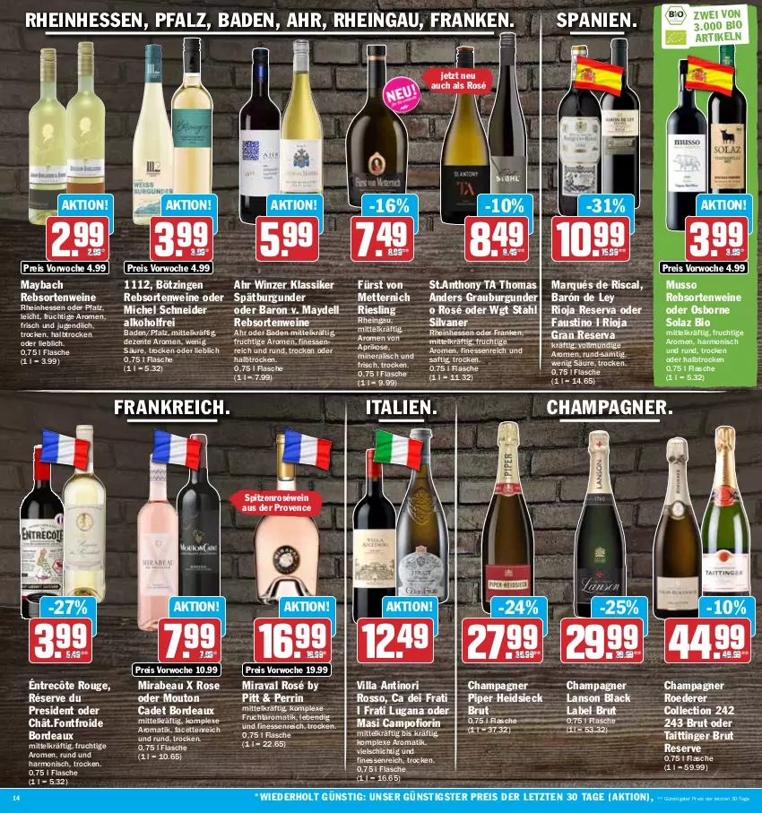 Aktueller Prospekt Hit - Prospekte - von 22.05 bis 27.05.2023 - strona 14 - produkty: alkohol, aprikose, aust, Bad, bio, black label, brut, burgunder, champagne, champagner, dell, eis, ente, finesse, flasche, frucht, fürst von metternich, grauburgunder, lack, maybach, Mett, metternich, Michel Schneider, olaz, osborne, rebsortenweine, reis, riesling, rioja, roséwein, rouge, saft, silvaner, spätburgunder, Ti, wein, weine, ZTE