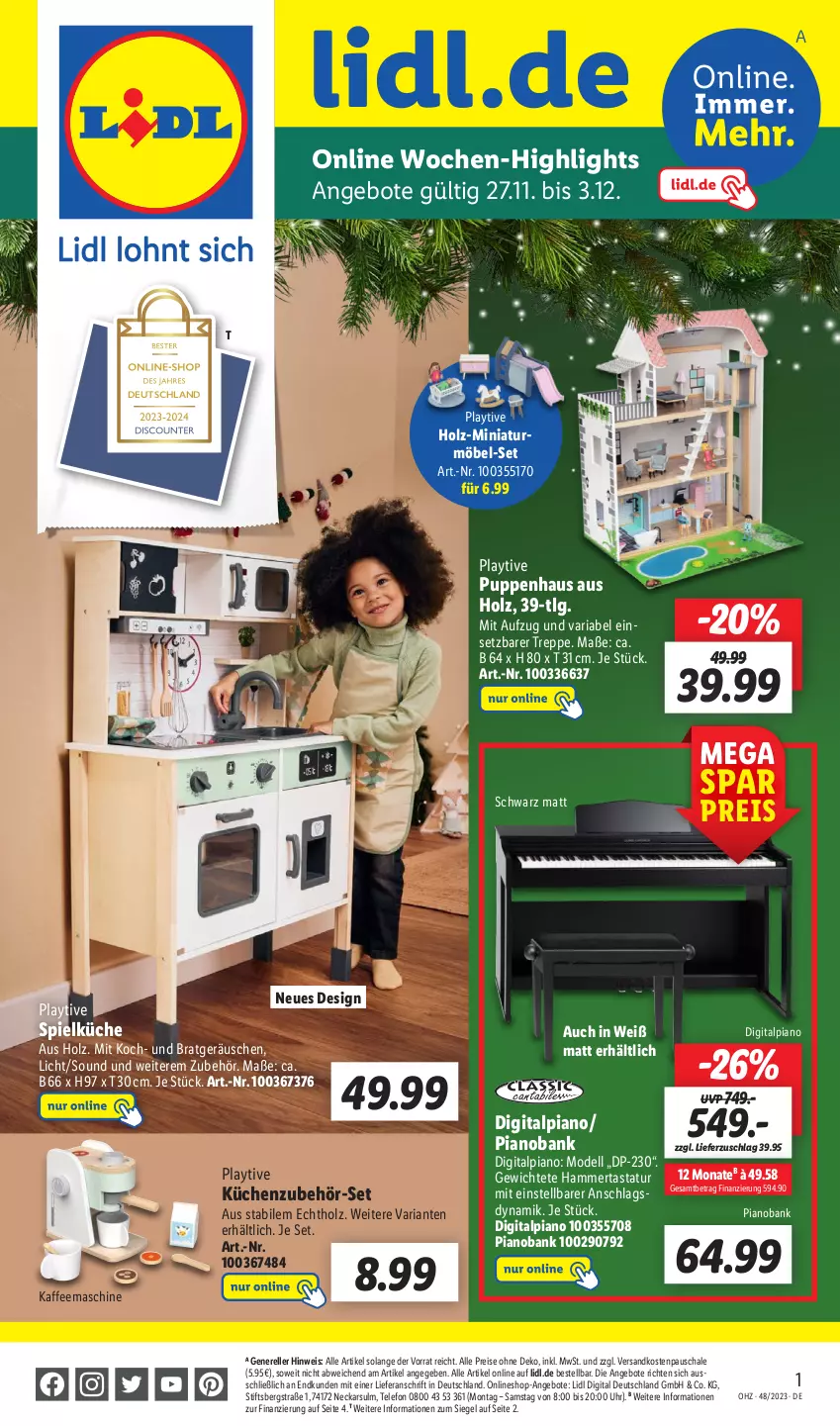 Aktueller Prospekt Lidl - Wochen-Highlights im Onlineshop - von 27.11 bis 03.12.2023 - strona 1 - produkty: alpia, angebot, angebote, Bank, dell, Digitalpiano, eis, elle, Holz, kaffee, kaffeemaschine, küche, Küchen, LG, möbel, Mode, ndk, Puppe, reis, rel, Ria, Schal, Schale, Spielküche, Tastatur, telefon, Ti, uhr