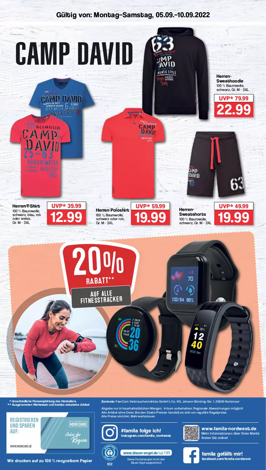 Aktueller Prospekt Famila - Prospekte - von 05.09 bis 10.09.2022 - strona 4 - produkty: auer, Bau, baumwolle, drucker, eis, elle, Engel, fitnesstracker, herren-polo, herren-t-shirt, kerze, LG, papier, poloshirt, Rauch, regal, reis, rwe, shirt, shorts, sweatshorts, T-Shirt, teller, Ti, wolle