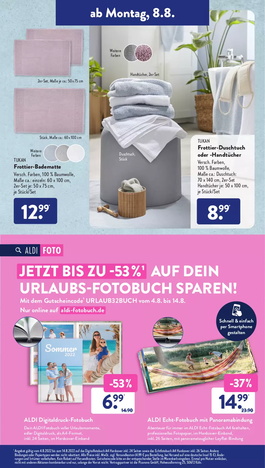 Aktueller Prospekt AldiSud - NÄCHSTE WOCHE - von 08.08 bis 13.08.2022 - strona 13 - produkty: aldi, angebot, Bad, badematte, Bau, baumwolle, buch, duschtuch, eis, elle, ente, erde, Fotobuch, gutschein, handtücher, korb, mab, ndk, papier, rama, reis, ring, smartphone, Ti, tuc, tücher, wolle