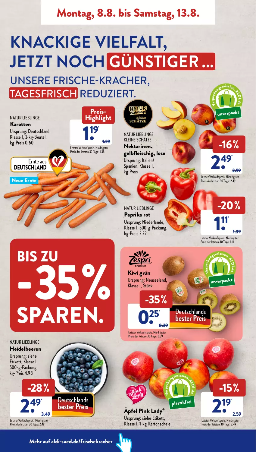 Aktueller Prospekt AldiSud - NÄCHSTE WOCHE - von 08.08 bis 13.08.2022 - strona 2 - produkty: aldi, asti, beere, beeren, beutel, eis, Elan, fleisch, heidelbeere, heidelbeeren, karotten, kiwi, kracher, leine, natur, Nektar, nektarinen, paprika, paprika rot, Pink Lady, reis, Schal, Schale, Ti, ZTE