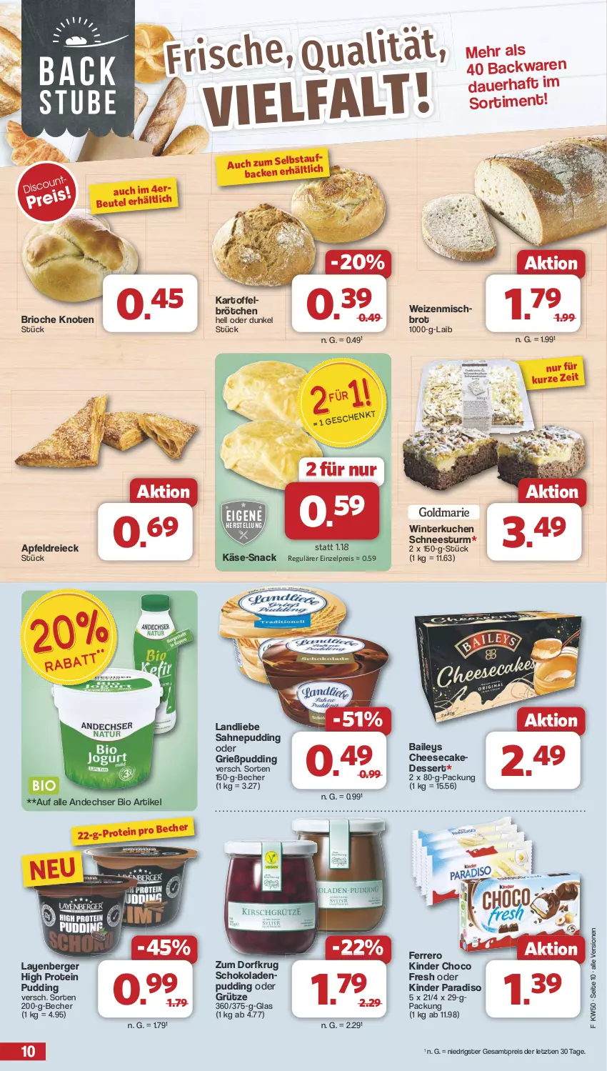 Aktueller Prospekt Famila - Prospekte - von 09.12 bis 14.12.2024 - strona 10 - produkty: apfel, auer, backwaren, baileys, Becher, Berger, beutel, bio, brot, brötchen, cheesecake, choco fresh, dessert, eis, ferrero, Grießpudding, grütze, kartoffel, Käse, Kinder, Kinder Choco fresh, kuchen, landliebe, pudding, reis, sahne, schoko, schokolade, schokoladen, snack, Ti, weizenmischbrot, ZTE, Zum Dorfkrug