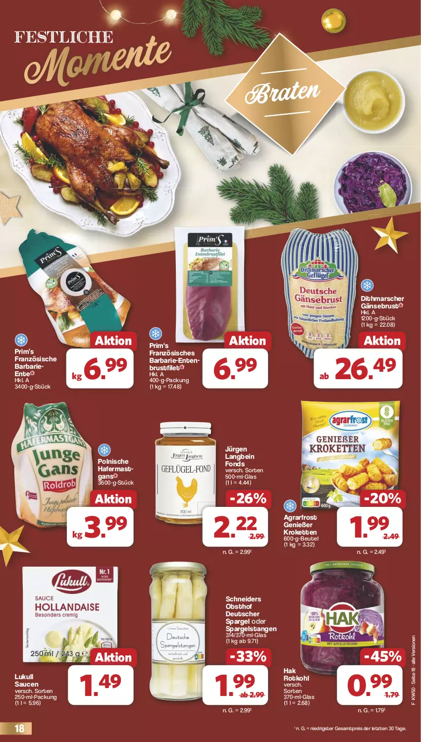 Aktueller Prospekt Famila - Prospekte - von 09.12 bis 14.12.2024 - strona 18 - produkty: agrarfrost, beutel, braten, brustfilet, deutscher spargel, eis, ente, filet, Gänsebrust, hafer, Kette, Kroketten, lukull, mars, obst, reis, rotkohl, sauce, saucen, spargel, Ti, ZTE