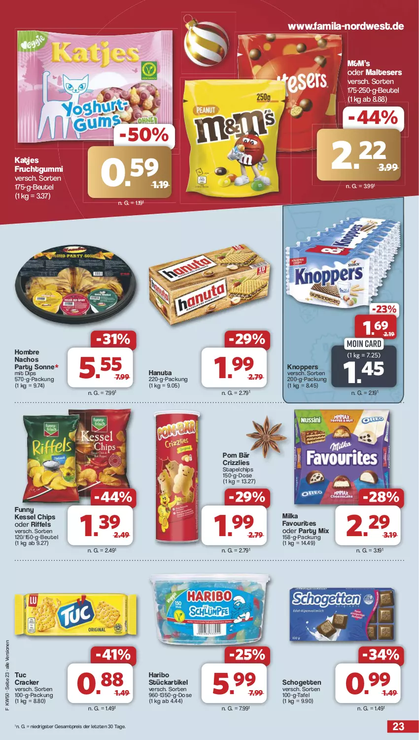 Aktueller Prospekt Famila - Prospekte - von 09.12 bis 14.12.2024 - strona 23 - produkty: beutel, chips, cracker, dip, eis, frucht, fruchtgummi, hanuta, haribo, katjes, knoppers, malteser, milka, nacho, Nachos, reis, schogetten, Ti, tuc, ZTE