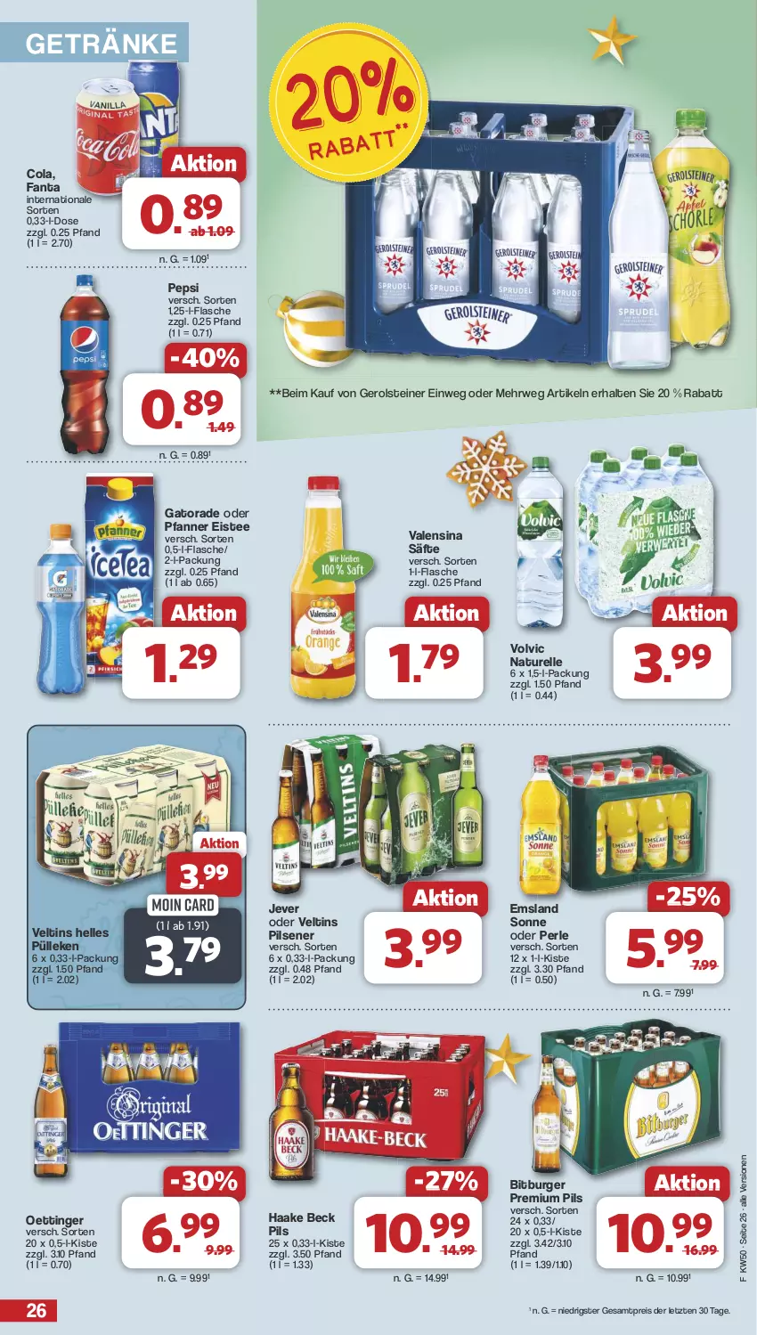 Aktueller Prospekt Famila - Prospekte - von 09.12 bis 14.12.2024 - strona 26 - produkty: bitburger, burger, cola, eis, eistee, elle, fanta, flasche, gerolsteine, gerolsteiner, getränk, getränke, jever, natur, oettinger, pepsi, pfanne, Pfanner, pils, pilsener, premium pils, reis, rel, rwe, säfte, steiner, tee, Ti, valensina, veltins, veltins pilsener, volvic, ZTE