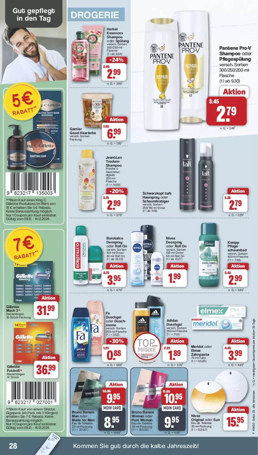 Aktueller Prospekt Famila - Prospekte - von 09.12 bis 14.12.2024 - strona 28 - produkty: Adidas, Bad, Borotalco, bruno banani, coupon, creme, deo, deospray, duschcreme, duschgel, eau de toilette, eis, elmex, fa duschgel, flasche, fusion5, garnier, gillette, gin, haarspray, kneipp, mac, meridol, nivea, oder schaumfestiger, pantene, pantene pro-v, pasta, Pflegespülung, pro-v, Rasierklinge, rasierklingen, reis, schaumbad, schaumfestiger, schwarzkop, schwarzkopf, shampoo, shampoo oder spülung, spülung, Taft, Ti, Trockenshampoo, zahnpasta, ZTE