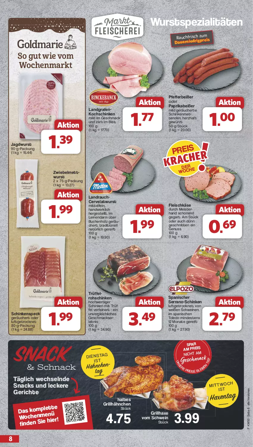 Aktueller Prospekt Famila - Prospekte - von 09.12 bis 14.12.2024 - strona 8 - produkty: auer, axe, buch, eis, fleisch, fleischkäse, gewürz, grill, grillhähnchen, grillhaxe, Haxe, Holz, jagdwurst, Käse, kochschinken, leine, mac, Meister, Mett, metten, Mettenden, mettwurst, nuss, paprika, pfeffer, Pfefferbeißer, Rauch, reis, rohschinken, schinken, schinkenspeck, schnitten, schwein, schweine, serrano, snack, snacks, Speck, Spezi, Ti, Trüffel, wein, weine, wurst, zwiebel, zwiebelmettwurst