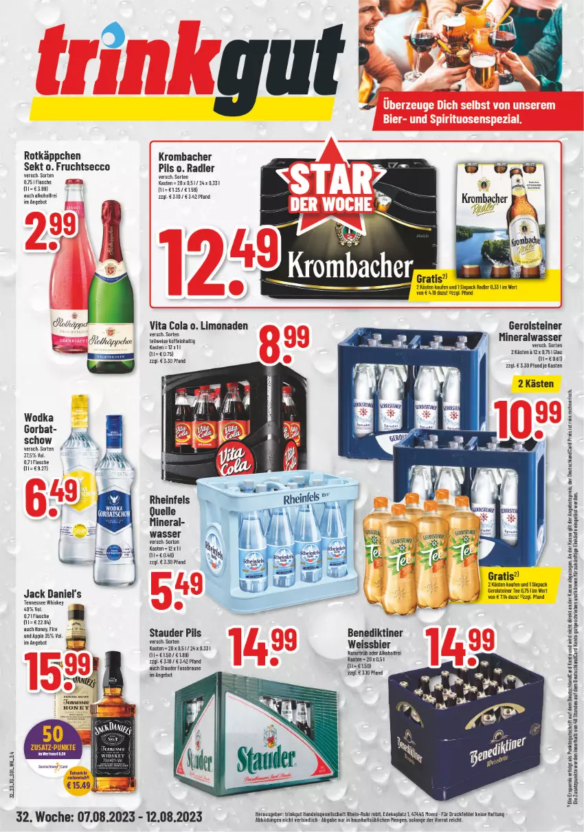 Aktueller Prospekt Trinkgut - von 07.08 bis 12.08.2023 - strona 1 - produkty: alkohol, Alwa, angebot, angebotspreis, Apple, Benediktiner, bier, brause, cola, deka, deutschlandcard, ecco, eis, elle, erde, fassbrause, flasche, frucht, fruchtsecco, gerolsteine, gerolsteiner, jack daniel, Jack Daniel’s, krombache, krombacher, krombacher pils, LG, limo, limonade, limonaden, mineralwasser, natur, pils, radler, reis, rotkäppchen, sekt, steiner, tee, tennessee whiskey, Ti, uhr, vita, Vita C, wasser, weissbier, whiskey, wodka