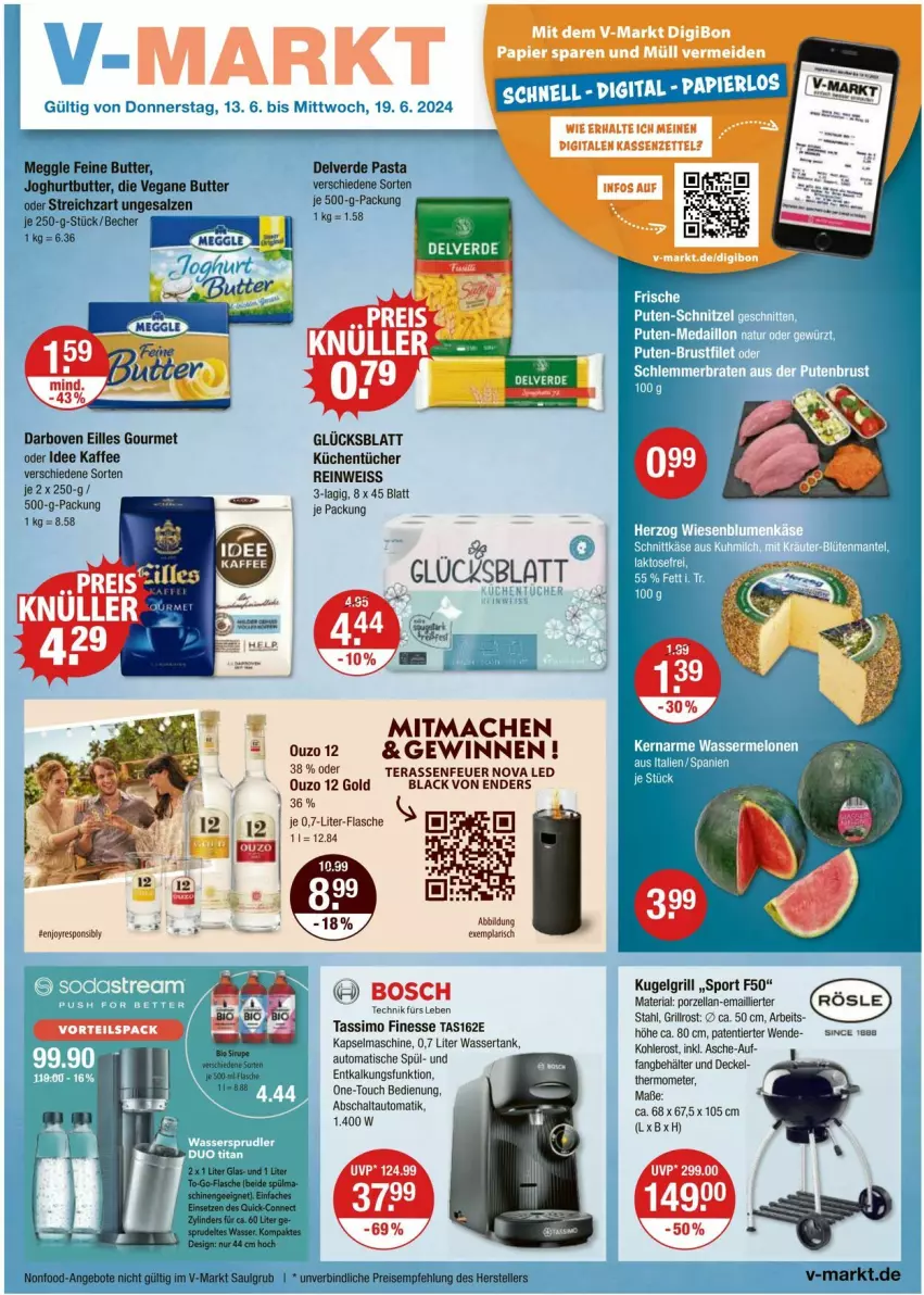 Aktueller Prospekt Vmarkt - Prospekte - von 13.06 bis 19.06.2024 - strona 1 - produkty: angebot, angebote, auto, Becher, Behälter, bosch, butter, darbo, darboven, decke, Deckel, eilles gourmet, eis, elle, enders, erde, finesse, flasche, grill, grillrost, joghur, joghurt, kaffee, Kapselmaschine, küche, Küchen, küchentücher, Kugel, kugelgrill, lack, LG, mac, meggle, ouzo, ouzo 12, papier, pasta, reis, Ria, salz, Schal, senf, sim, Sport, Sprudel, Streichzart, tassimo, teller, thermometer, Ti, tisch, tücher, wasser, wassertank