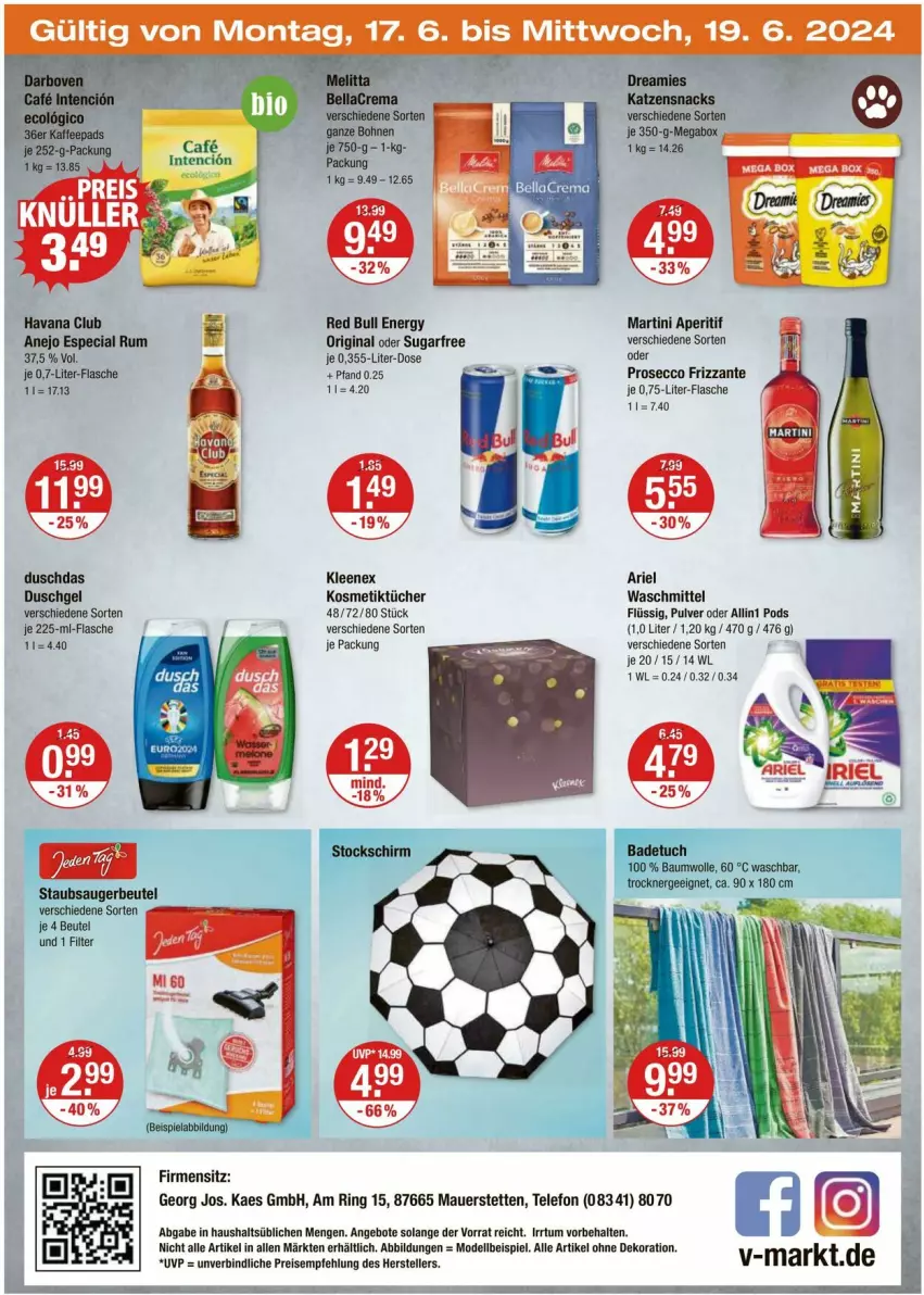 Aktueller Prospekt Vmarkt - Prospekte - von 13.06 bis 19.06.2024 - strona 20 - produkty: alle artikel ohne dekoration, angebot, angebote, aperitif, ariel, auer, Bad, badetuch, Bau, baumwolle, beispielabbildung, beutel, dekoration, dell, dreamies, duschdas, duschgel, ecco, eis, Ergee, flasche, frizzante, gin, Havana Club, kaes, katzensnack, katzensnacks, kosmetik, Kosmetiktücher, martini, Mode, Pods, prosecco, red bull, ring, rum, snack, snacks, staubsauger, staubsaugerbeutel, telefon, Ti, Trockner, tuc, tücher, waschmittel, wolle