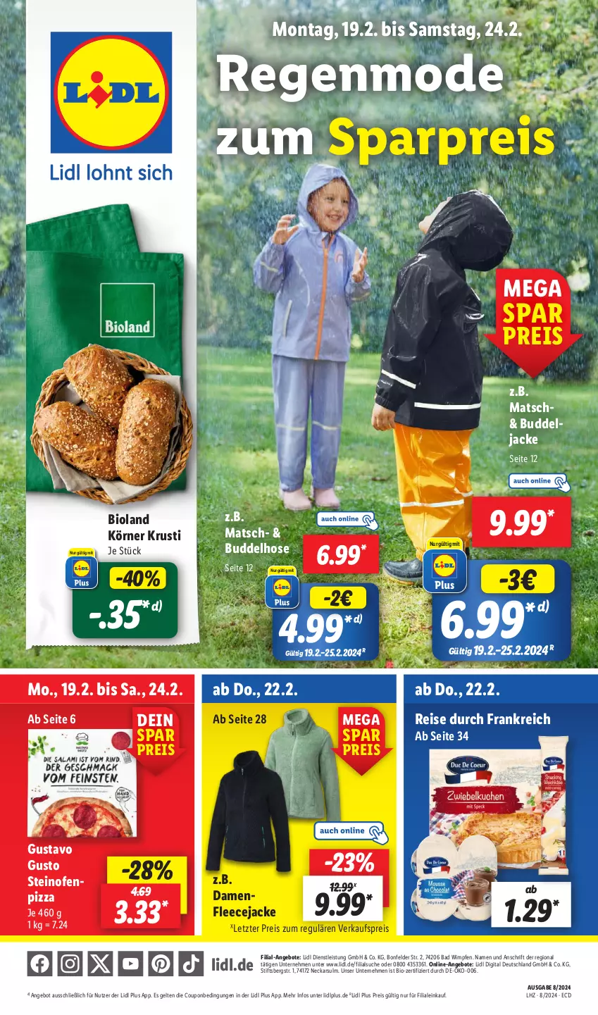 Aktueller Prospekt Lidl - Aktionsprospekt - von 19.02 bis 24.02.2024 - strona 1 - produkty: angebot, angebote, Bad, bio, bioland, coupon, eis, Fleecejacke, hose, Jacke, Mode, natur, Ofen, pizza, reis, steinofen, Ti, ZTE