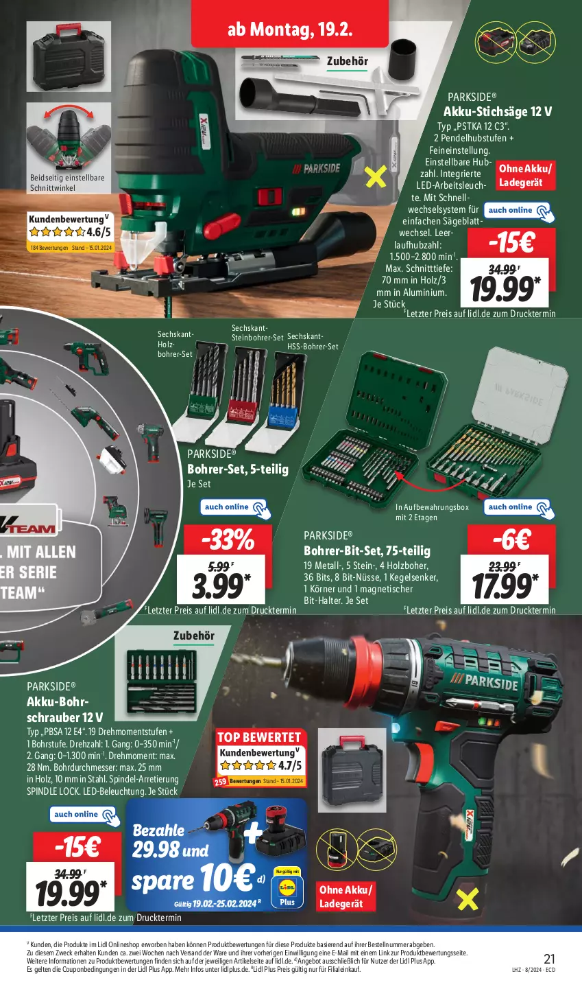 Aktueller Prospekt Lidl - Aktionsprospekt - von 19.02 bis 24.02.2024 - strona 33 - produkty: akku, akku-bohrschrauber, angebot, aufbewahrungsbox, beleuchtung, bohne, Bohrer-Set, Bohrschrauber, coupon, eis, Holz, ladegerät, led-beleuchtung, messer, Parkside, reis, säge, stichsäge, Ti, tisch, weck, ZTE