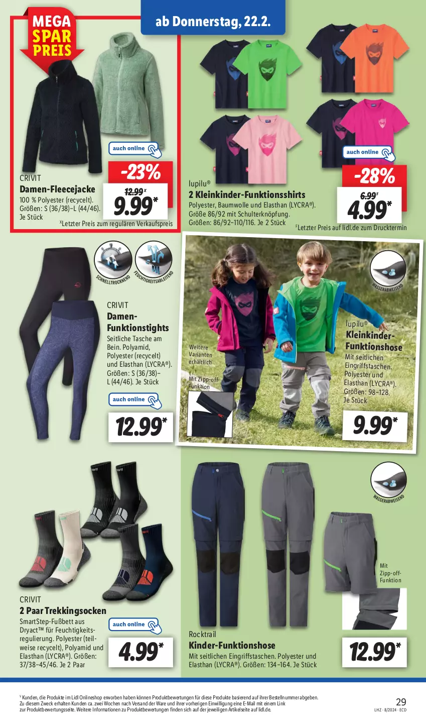 Aktueller Prospekt Lidl - Aktionsprospekt - von 19.02 bis 24.02.2024 - strona 41 - produkty: Bau, baumwolle, bett, crivit, eis, Fleecejacke, funktionsshirt, hose, Jacke, Kinder, lupilu, reis, Ria, shirt, shirts, socken, Tasche, taschen, Ti, weck, wolle, ZTE