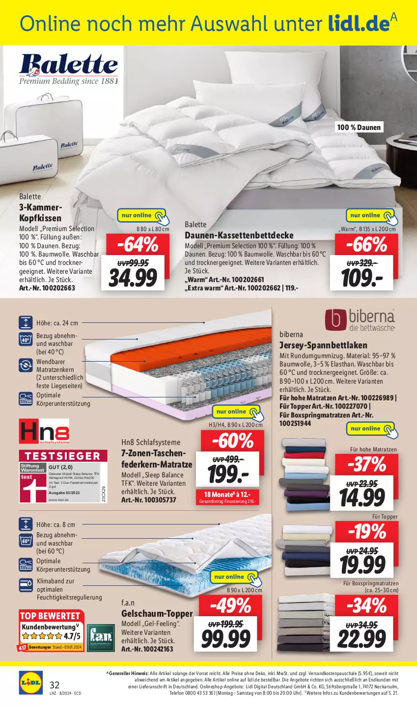 Aktueller Prospekt Lidl - Aktionsprospekt - von 19.02 bis 24.02.2024 - strona 44 - produkty: angebot, angebote, Bau, baumwolle, bett, decke, dell, eis, elle, Ergee, federkern, federkernmatratze, kernmatratze, kissen, kopfkissen, Liege, mab, matratze, matratzen, Mode, ndk, reis, rel, Ria, ring, Schal, Schale, spannbettlaken, Tasche, taschen, taschenfederkern-matratze, telefon, Ti, topper, Trockner, uhr, wolle