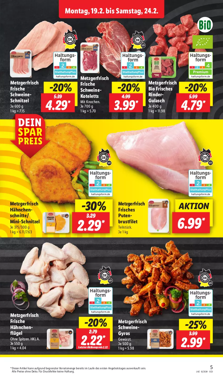 Aktueller Prospekt Lidl - Aktionsprospekt - von 19.02 bis 24.02.2024 - strona 5 - produkty: aktionspreis, angebot, bio, brustfilet, eis, filet, Frische Hähnchen, gewürz, gulasch, gyros, hähnchenflügel, kotelett, pute, putenbrust, putenbrustfilet, reis, rind, rinder, rindergulasch, schnitzel, schwein, schweine, schweinekotelett, schweineschnitzel, Ti, wein, weine, ZTE