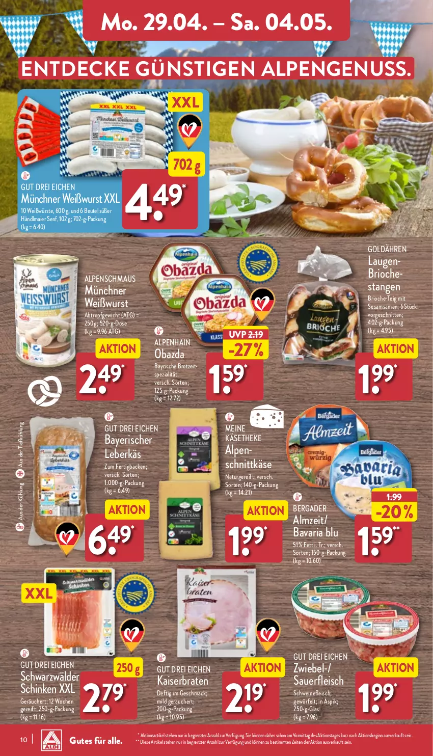 Aktueller Prospekt Aldi Nord - Von Montag - von 29.04 bis 04.05.2024 - strona 10 - produkty: Alpenhain, auer, aus der tiefkühlung, bavaria blu, bergader, beutel, braten, brot, decke, eis, fleisch, gin, händlmaier, Kaiser, Käse, käsetheke, leberkäs, mac, Maus, natur, nuss, obazda, Ria, schinken, schnitten, schnittkäse, schwarzwälder schinken, schwein, schweine, schweinefleisch, senf, sesam, Spezi, Ti, wein, weine, Weißwurst, würfel, wurst, ZTE, zwiebel