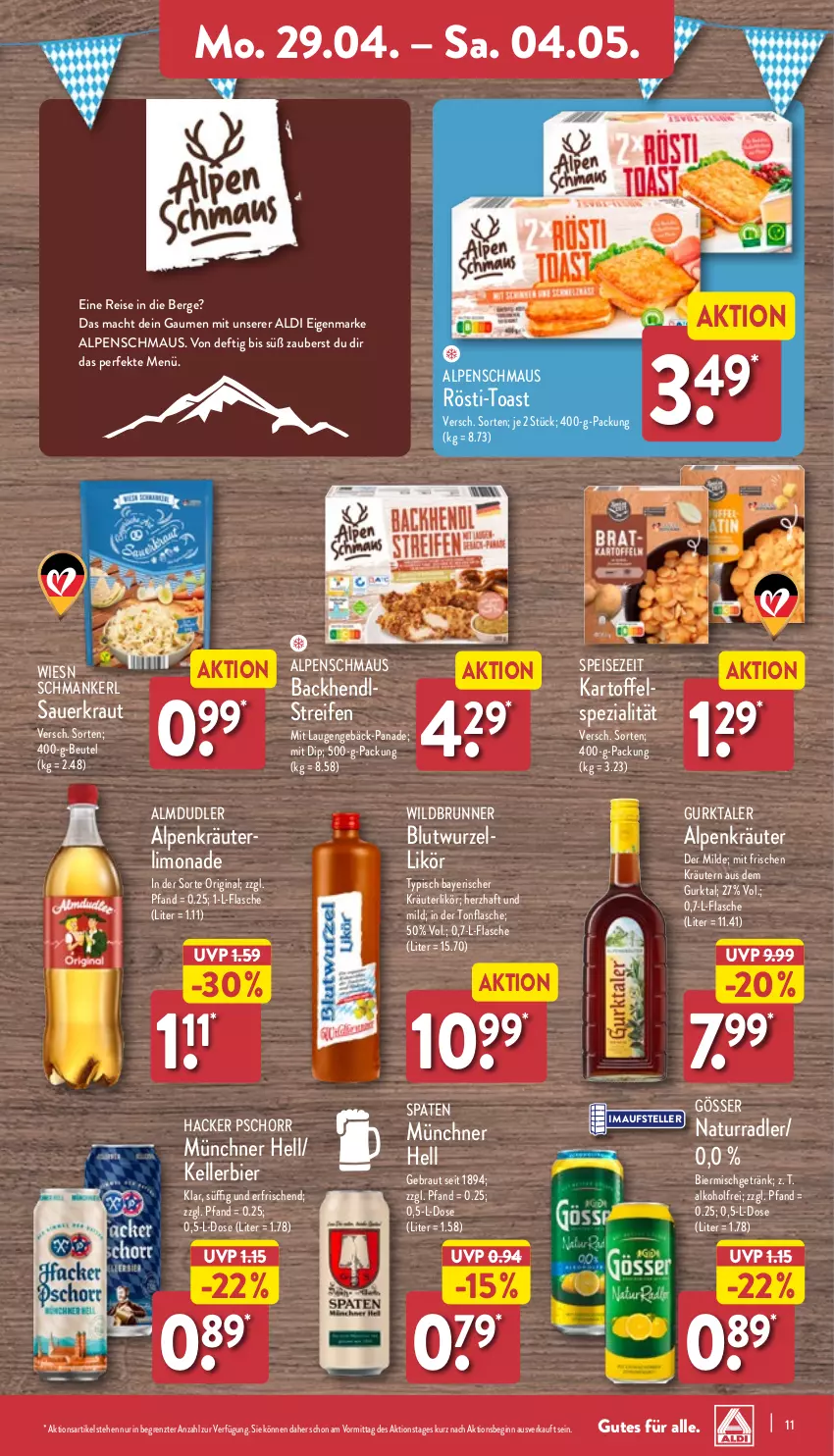 Aktueller Prospekt Aldi Nord - Von Montag - von 29.04 bis 04.05.2024 - strona 11 - produkty: aldi, alkohol, almdudler, auer, Backhendl, beutel, bier, dip, eis, elle, flasche, getränk, gin, gösser, Gurktaler, hacker pschorr, Hendl, kartoffel, kellerbier, Kraut, kräuter, kräuterlikör, kräutern, likör, limo, limonade, mac, Maus, natur, radler, reifen, reis, Sauerkraut, Spaten, Spezi, teller, Ti, toast, Wild, ZTE