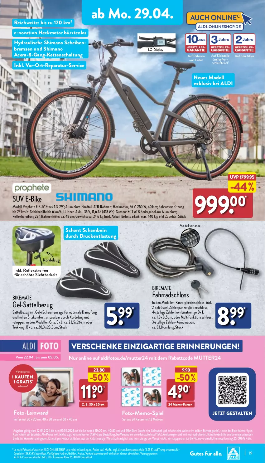 Aktueller Prospekt Aldi Nord - Von Montag - von 29.04 bis 04.05.2024 - strona 19 - produkty: acer, akku, aldi, angebot, bürste, bürsten, dell, E-Bike, eis, elle, Fahrrad, Fahrradschloss, gabel, Kette, korb, Mode, ndk, prophete, reifen, reis, Ria, ring, rwe, sattel, Schal, Schale, shimano, Sport, Ti, topper, vorteilspreis