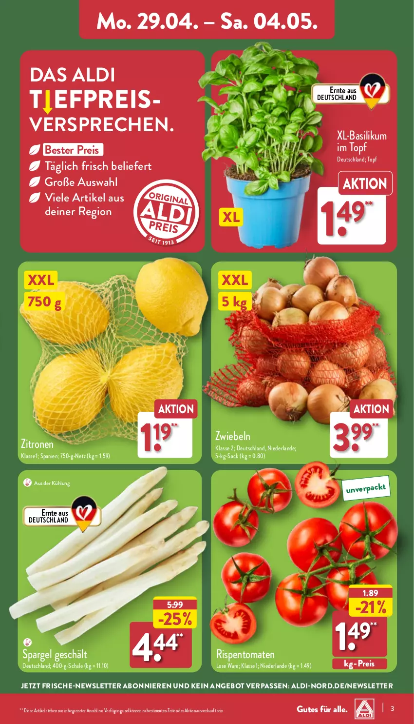 Aktueller Prospekt Aldi Nord - Von Montag - von 29.04 bis 04.05.2024 - strona 3 - produkty: aldi, angebot, basilikum, eis, reis, rispentomaten, sac, Schal, Schale, spargel, Ti, tomate, tomaten, topf, zitrone, zitronen, ZTE, zwiebel, zwiebeln