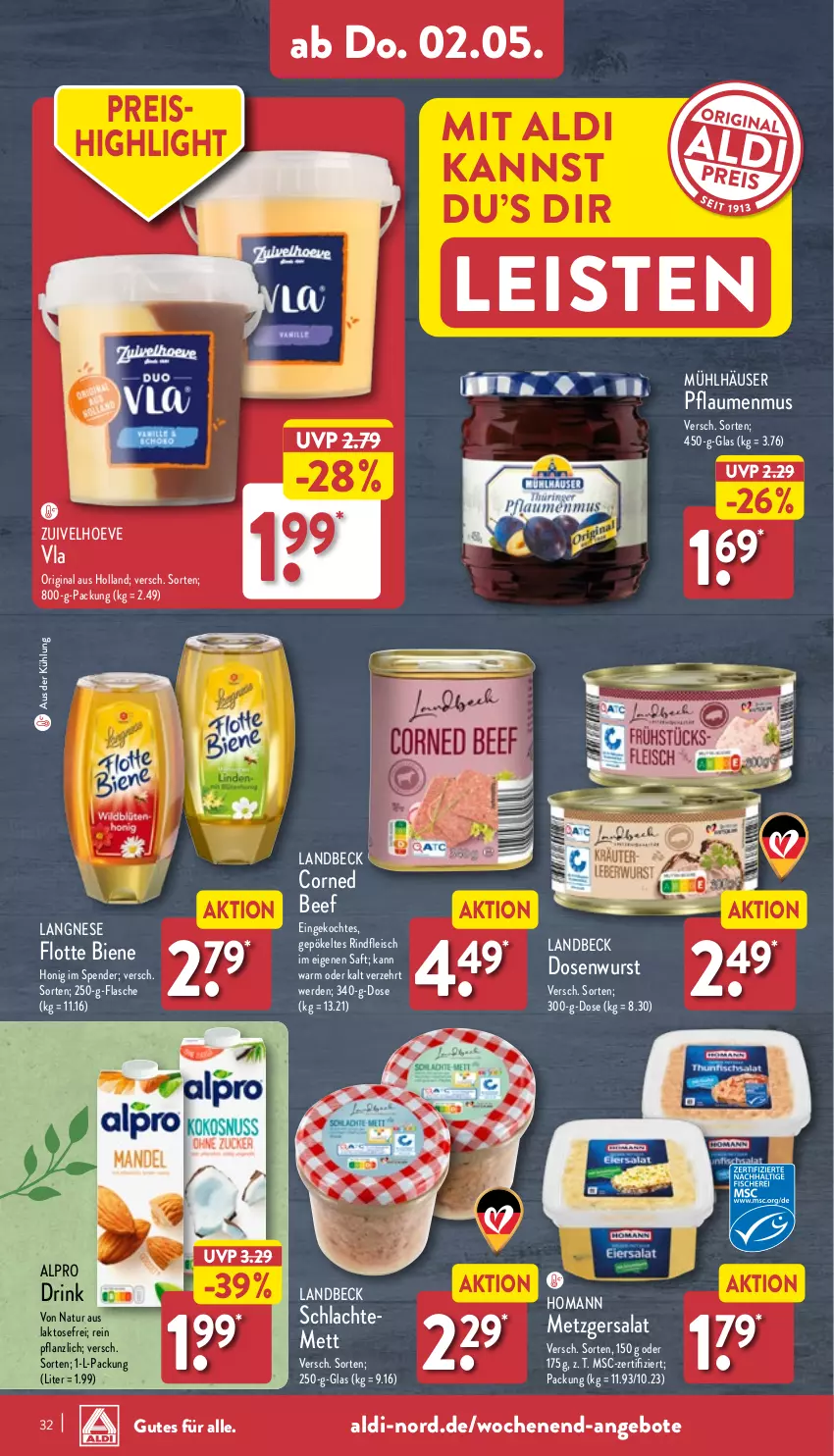 Aktueller Prospekt Aldi Nord - Von Montag - von 29.04 bis 04.05.2024 - strona 32 - produkty: aldi, alpro, angebot, angebote, beef, Dosenwurst, drink, eis, erde, flasche, fleisch, gin, homann, honig, langnese, Mett, mühlhäuser, natur, pflaume, pflaumen, pflaumenmus, reis, rind, rindfleisch, Rindfleisch im eigenen saft, saft, salat, Ti, wurst