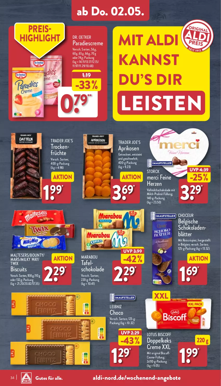 Aktueller Prospekt Aldi Nord - Von Montag - von 29.04 bis 04.05.2024 - strona 34 - produkty: aldi, angebot, angebote, aprikose, aprikosen, biscoff, bounty, creme, Dr. Oetker, eis, elle, früchte, gin, keks, leibniz, LG, malteser, Marabou, mars, merci, milch, milky way, reis, schoko, schokolade, schokoladen, storck, teller, Ti, Trockenfrüchte, twix, vollmilch