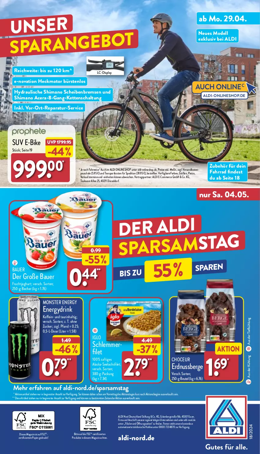 Aktueller Prospekt Aldi Nord - Von Montag - von 29.04 bis 04.05.2024 - strona 40 - produkty: acer, Alaska-Seelachs, Alaska-Seelachsfilet, aldi, angebot, auer, aus der tiefkühlung, auto, Bau, Bauer, Becher, beutel, bürste, bürsten, dell, drink, E-Bike, eis, erdnuss, Fahrrad, filet, frucht, fruchtjoghurt, gin, iglo, joghur, joghurt, Kette, lachs, lachsfilet, magazin, Mode, monster, Monster Energy, ndk, nuss, papier, reis, rwe, saft, Schal, Schale, schlemmerfilet, seelachsfilet, shimano, Sport, telefon, Ti, ZTE, zucker