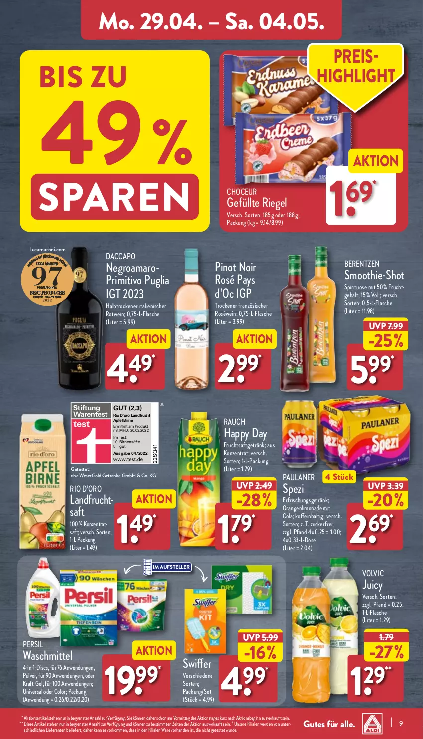 Aktueller Prospekt Aldi Nord - Von Montag - von 29.04 bis 04.05.2024 - strona 9 - produkty: ACC, amaro, apfel, berentzen, Birnen, Cap, cola, d'oro, eis, elle, erde, erfrischungsgetränk, flasche, frucht, fruchtsaft, fruchtsaftgetränk, getränk, getränke, gin, Happy Day, kraft, limo, limonade, orange, orangen, Paula, paulaner, persil, Pinot, pinot noir, primitivo, Rauch, reis, riegel, roséwein, rotwein, saft, säfte, smoothie, Spezi, swiffer, teller, Ti, volvic, wein, ZTE, zucker