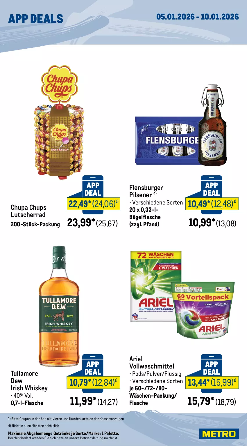 Aktueller Prospekt Metro - App-Deals - von 05.01 bis 10.01.2026 - strona 2 - produkty: ariel, bügel, bügelflasche, burger, chupa, chupa chups, coupon, flasche, flensburger, getränk, getränke, irish whiskey, Lutscher, Palette, pils, pilsener, Pods, Ti, tullamore, tullamore dew, vollwaschmittel, waschmittel, whiskey