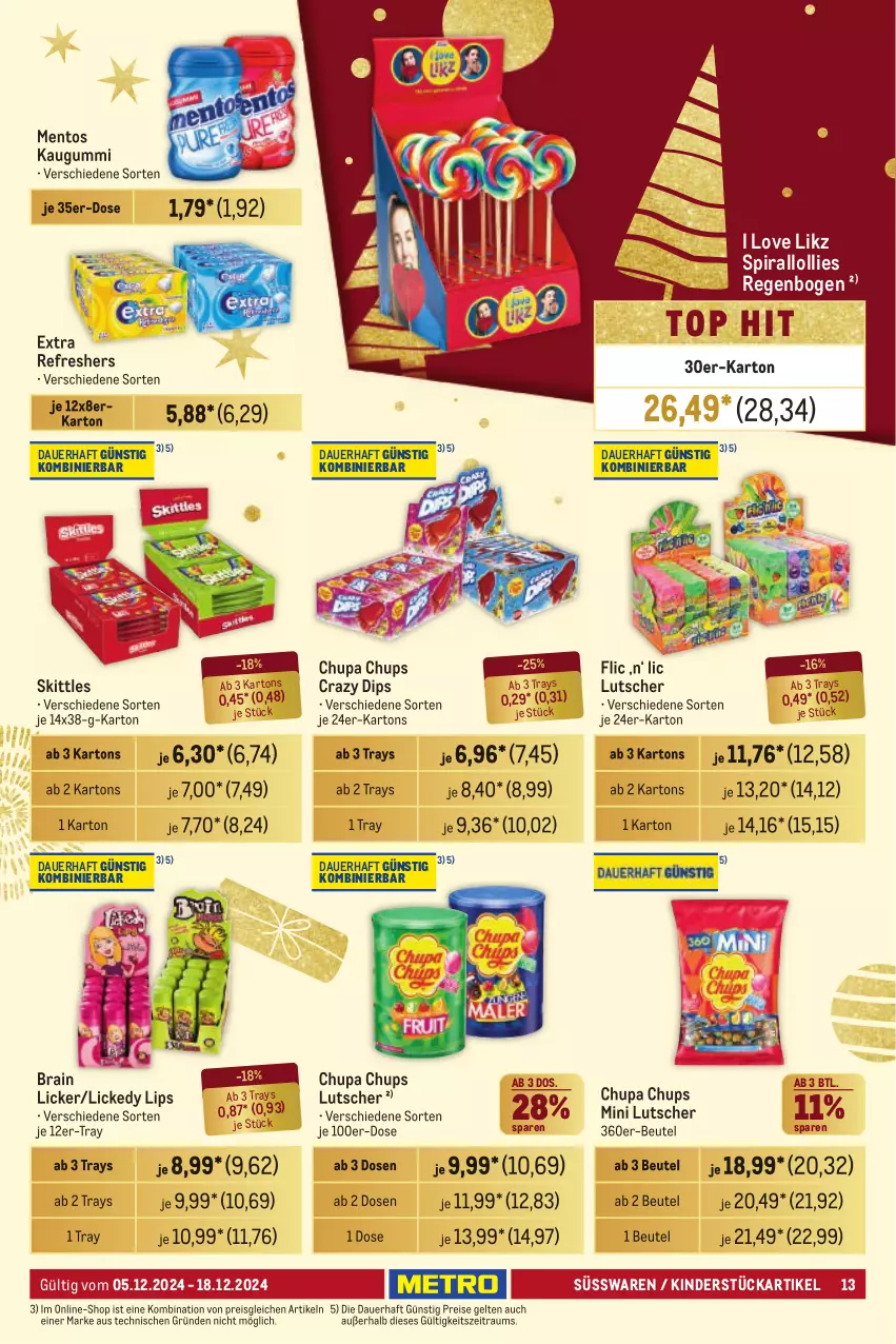 Aktueller Prospekt Metro - Händler Journal - von 05.12 bis 18.12.2024 - strona 13 - produkty: auer, beutel, chupa, chupa chups, dip, eis, kaugummi, Kinder, Lutscher, mentos, reis, skittles, süsswaren, Ti