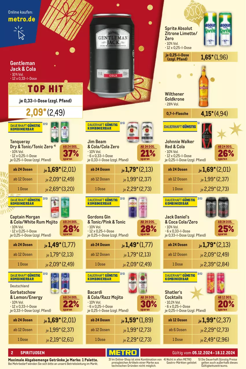 Aktueller Prospekt Metro - Händler Journal - von 05.12 bis 18.12.2024 - strona 2 - produkty: auer, bacardi, Cap, captain morgan, cocktail, cocktails, cola, eis, flasche, getränk, getränke, gin, goldkrone, Gorbatschow, gordon, gordons, jack daniel, jim beam, johnnie walker, krone, limette, Metro, Mett, mojito, Palette, reis, rum, spirituosen, sprite, Tanqueray, Ti, tonic, white rum, wilthener, Wilthener Goldkrone, zitrone