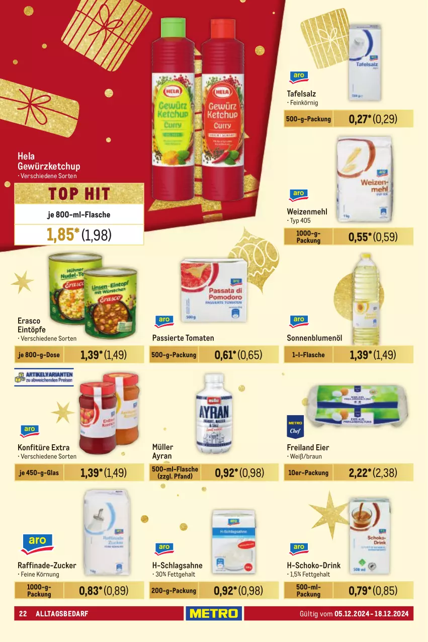 Aktueller Prospekt Metro - Händler Journal - von 05.12 bis 18.12.2024 - strona 22 - produkty: Ayran, blume, blumen, blumenöl, braun, drink, eier, eintöpfe, erasco, flasche, gewürz, gewürzketchup, Hela, ketchup, konfitüre, konfitüre extra, mehl, Müller, sahne, salz, schlagsahne, schoko, sonnenblume, sonnenblumen, sonnenblumenöl, Ti, tomate, tomaten, weizenmehl, zucker